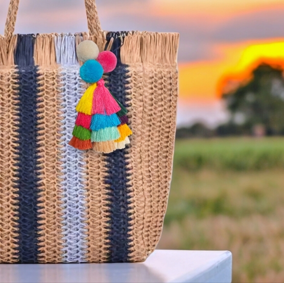 Boho Chic Beach Vibes Straw Woven Tote Bag with Vibrant Colorful Tassel Detail - Picture 5 of 10